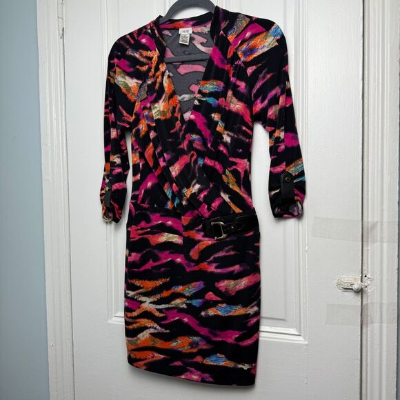 Cache Mini Dress Womens XS Colorful Abstract Y2K Wrap 3/4 Sleeve V Neck Club - Picture 1 of 6